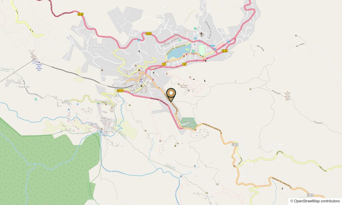 Map of Sa Pa — the hotel pinned on Mường Hoa road, just south-east of the town centre
