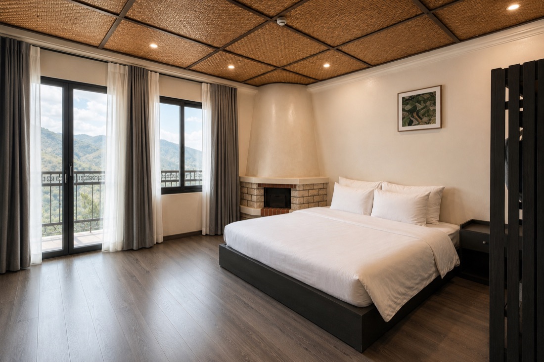 Balcony Mountain View room — corner fireplace and balcony doors framing the mountains