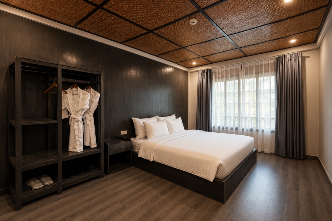 Deluxe Mountain View room — double bed under a woven ceiling, window opening to the hillside
